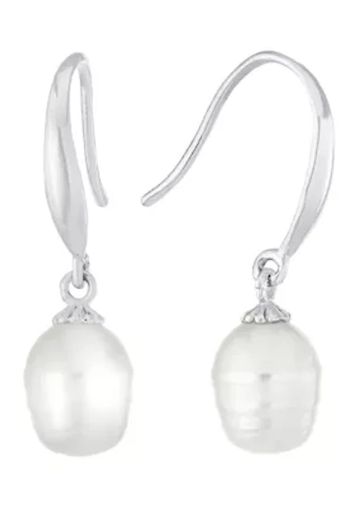 Sterling Silver 7.5mm Freshwater Pearl Fish Hook Drop Earrings