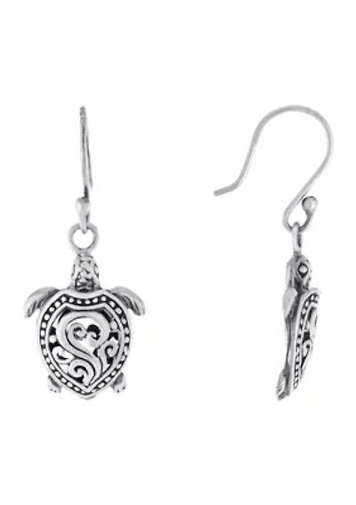 Sterling Silver Oxidized Filigree Turtle Drop Earrings