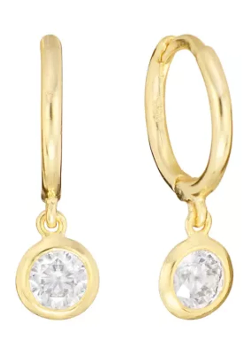 Gold Over Sterling Silver 12mm Cubic Zirconia Bezel Drop Charm Hoop Earrings