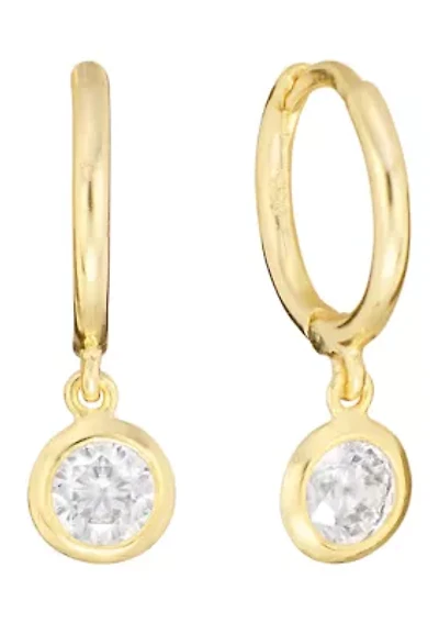 Gold Over Sterling Silver 12mm Cubic Zirconia Bezel Drop Charm Hoop Earrings