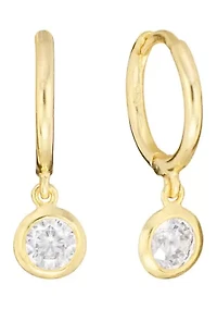Gold Over Sterling Silver 12mm Cubic Zirconia Bezel Drop Charm Hoop Earrings