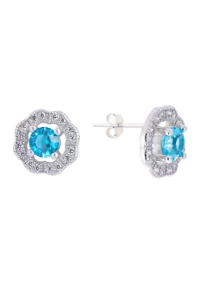 Sterling Silver 4 Millimeter Crystal with Cubic Zirconia Scallop Halo Stud Earrings
