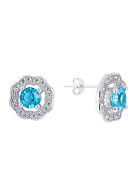 Sterling Silver 4 Millimeter Crystal with Cubic Zirconia Scallop Halo Stud Earrings