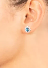 Sterling Silver 4 Millimeter Crystal with Cubic Zirconia Scallop Halo Stud Earrings