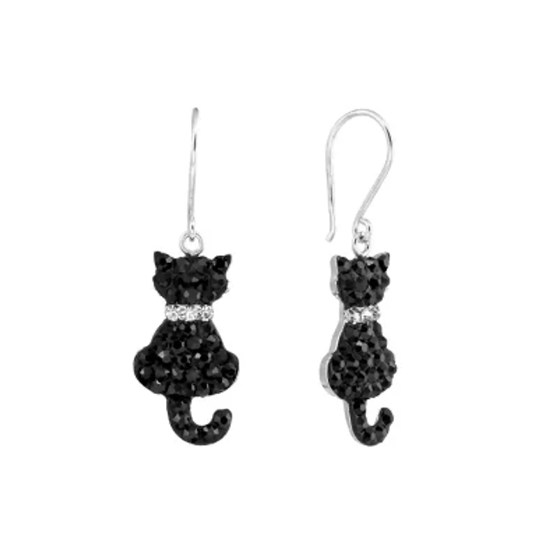 Sterling Silver Black Crystal Pave Cats Drop Earrings