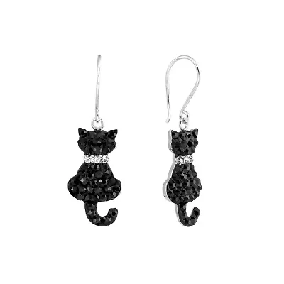 Sterling Silver Black Crystal Pave Cats Drop Earrings