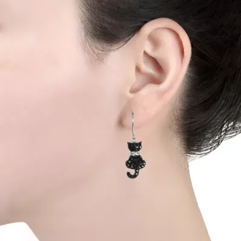 Sterling Silver Black Crystal Pave Cats Drop Earrings