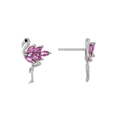 Sterling Silver Dark Pink Flamingo with Cubic Zirconia Stud Earrings