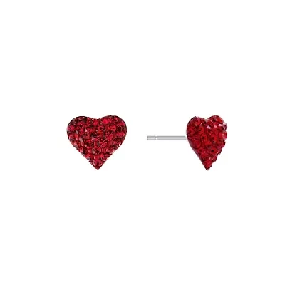 Sterling Silver Red Crystal Pave Heart Stud Earrings