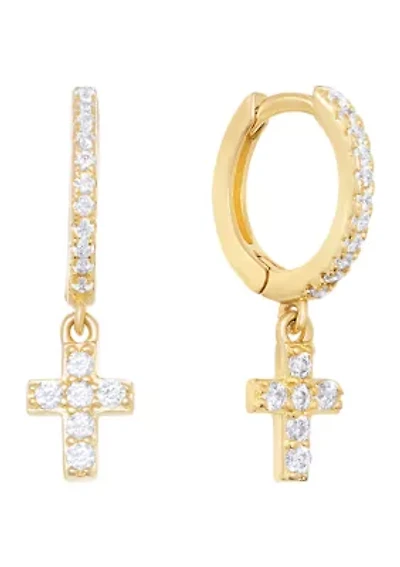 Sterling Silver Cubic Zirconia Cross Dangle Huggie Earrings
