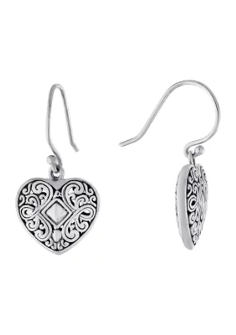 Sterling Silver Oxidized Filigree Heart Drop Earrings