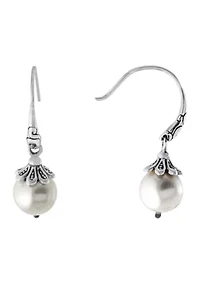 Sterling Silver Oxidized Fresh Water Pearl Round Drop Earrings