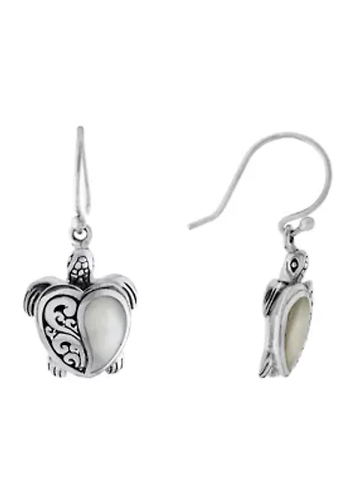 Sterling Silver Oxidized Mother of Pearl Turtle Heart Drop Earrings