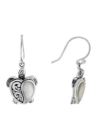 Sterling Silver Oxidized Mother of Pearl Turtle Heart Drop Earrings