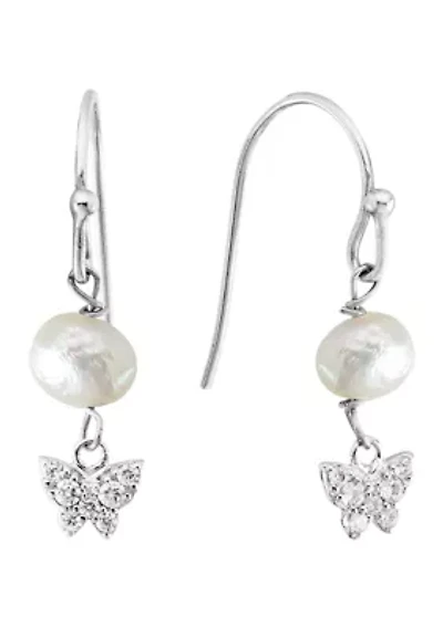 Sterling Silver Cubic Zirconia Butterfly with Freshwater Pearl Drop Earrings