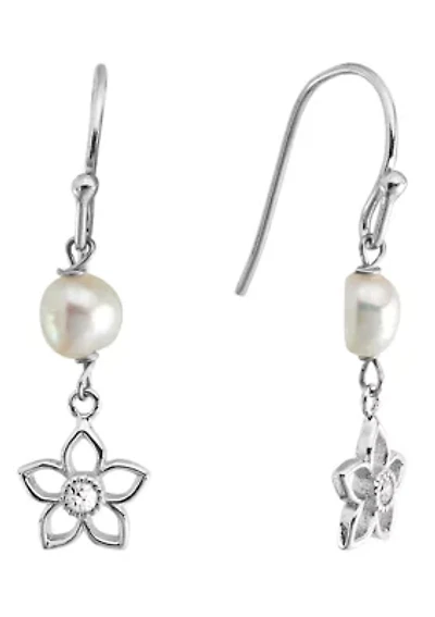 Sterling Silver Cubic Zirconia Flower with Freshwater Pearl Drop Earrings