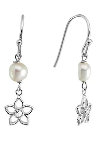 Sterling Silver Cubic Zirconia Flower with Freshwater Pearl Drop Earrings