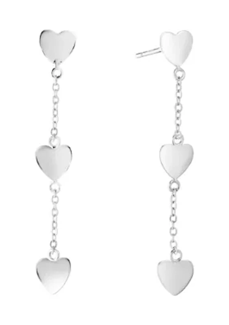 Sterling Silver 3 Heart Cable Chain Post Drop Earrings