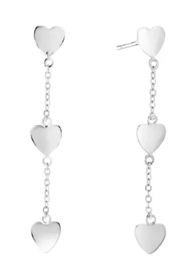 Sterling Silver 3 Heart Cable Chain Post Drop Earrings