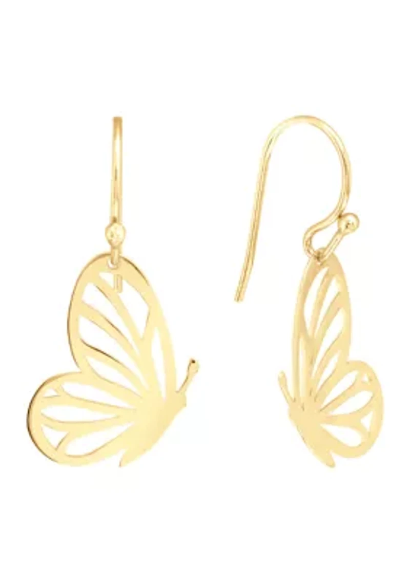 Gold Over Sterling Silver Half Cut Out Butterfly Drop Earrings