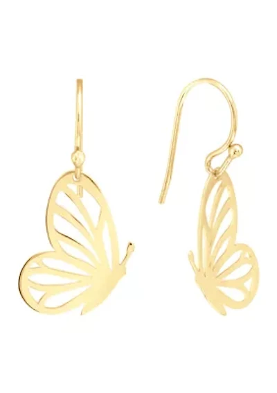 Gold Over Sterling Silver Half Cut Out Butterfly Drop Earrings