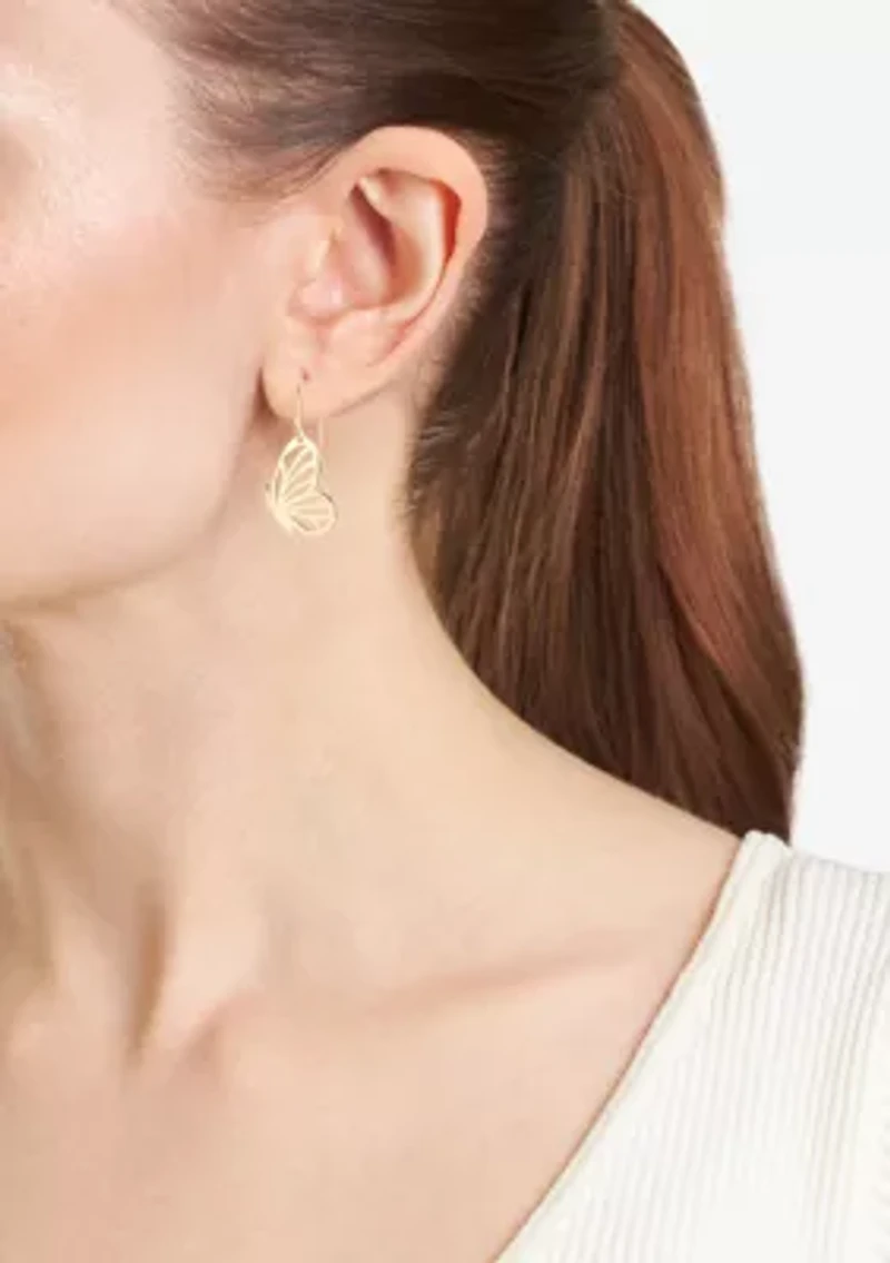 Gold Over Sterling Silver Half Cut Out Butterfly Drop Earrings