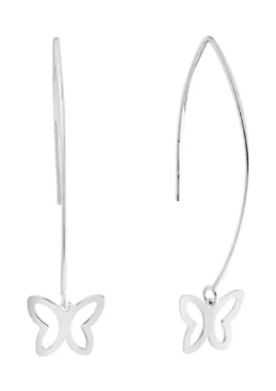 Sterling Silver Open Butterfly Marquise Wire Drop Earrings