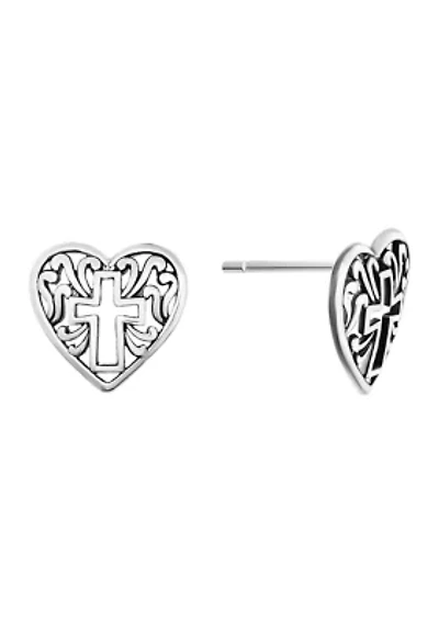 Sterling Silver Filigree Heart Cross Stud Earrings
