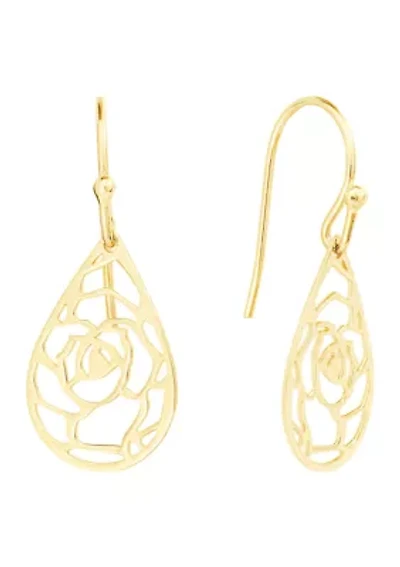Gold Over Sterling Silver Laser Cut Rose Teardrop Earrings