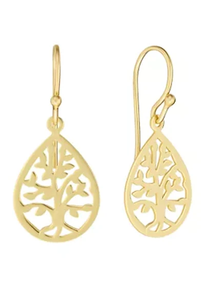 Gold Over Sterling Silver Lazer Cut Tree of Life Teardrop Earrings