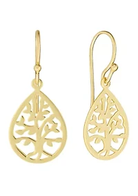 Gold Over Sterling Silver Lazer Cut Tree of Life Teardrop Earrings