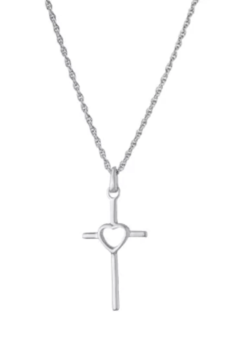Sterling Silver 18" Cross with Open Heart Pendant Necklace