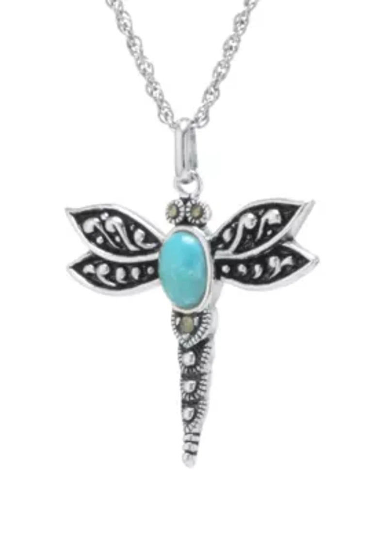Sterling Silver Enhanced Turquoise Marcasite Dragonfly Pendant Necklace