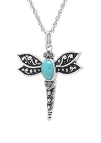 Sterling Silver Enhanced Turquoise Marcasite Dragonfly Pendant Necklace