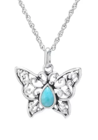 Sterling Silver 18in. Genuine Stabalized Turquoise Filigree Butterfly Necklace