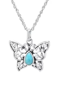 Sterling Silver 18in. Genuine Stabalized Turquoise Filigree Butterfly Necklace