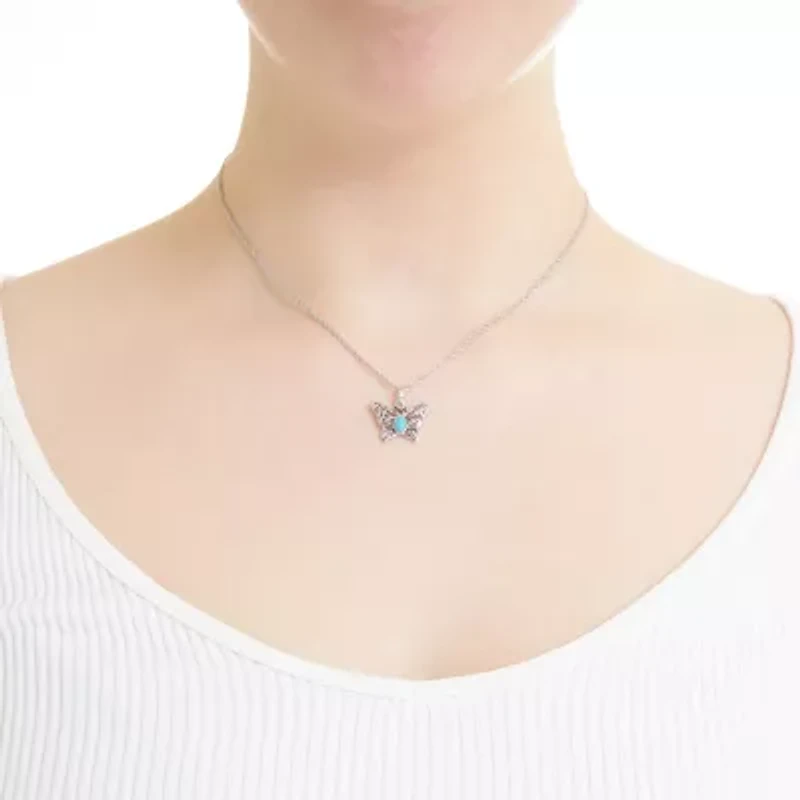 Sterling Silver 18in. Genuine Stabalized Turquoise Filigree Butterfly Necklace