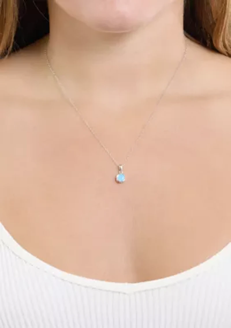 Sterling Silver 6 Millimeter Simulated Blue Opal Round Pendant Necklace