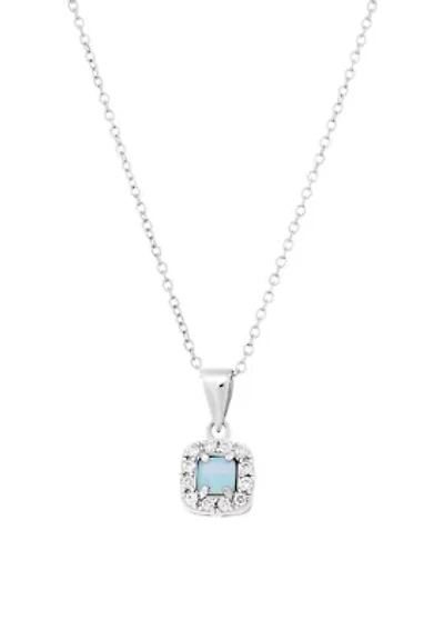 Sterling Silver Simulated Blue Opal and Cubic Zirconia Square Halo Pendant Necklace