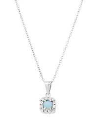 Sterling Silver Simulated Blue Opal and Cubic Zirconia Square Halo Pendant Necklace