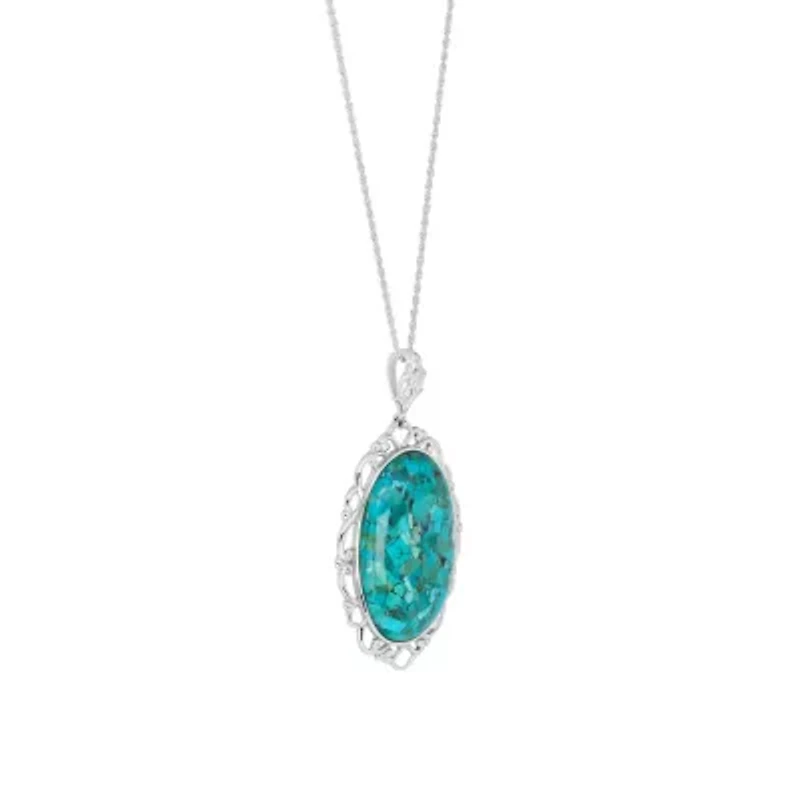 Sterling Silver 18in. Genuine Turquoise Oval Filigree Pendant Necklace