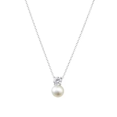 Sterling Silver 18IN Fresh Water Pearl and Cubic Zirconia Pendant Necklace