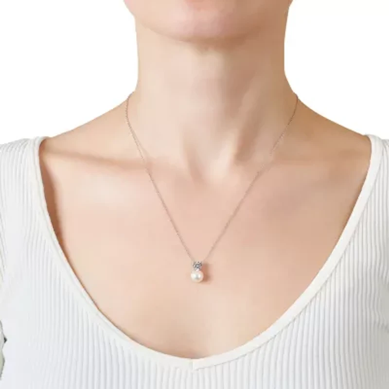 Sterling Silver 18IN Fresh Water Pearl and Cubic Zirconia Pendant Necklace