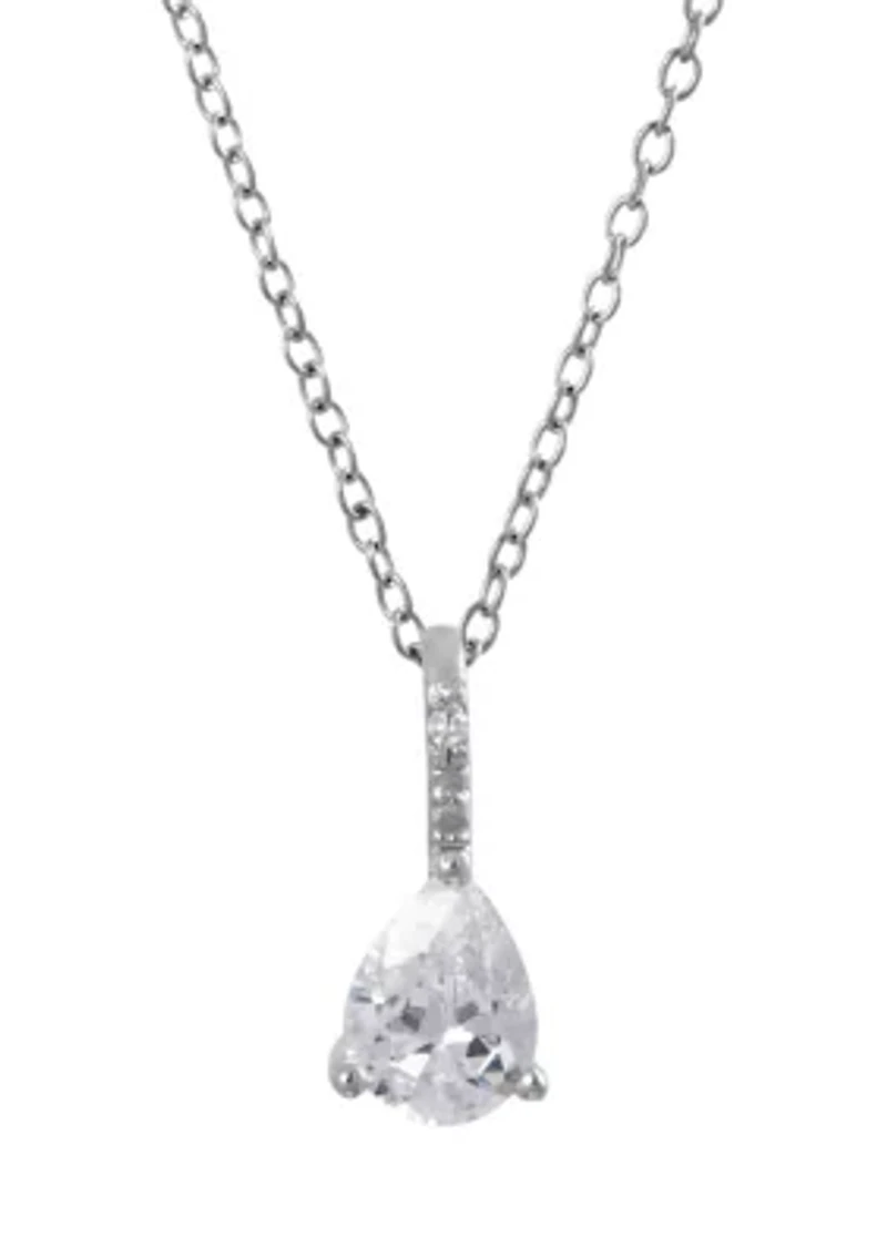 Sterling Silver 16+2" Cubic Zirconia Teardrop Pendant Necklace