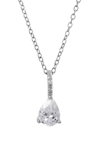 Sterling Silver 16+2" Cubic Zirconia Teardrop Pendant Necklace