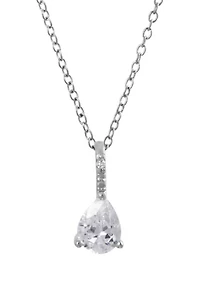 Sterling Silver 16+2" Cubic Zirconia Teardrop Pendant Necklace
