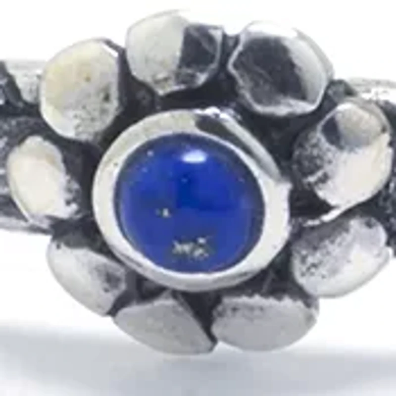Sterling Silver Lapis Cabochon Flower Hammered Bangle Bracelet