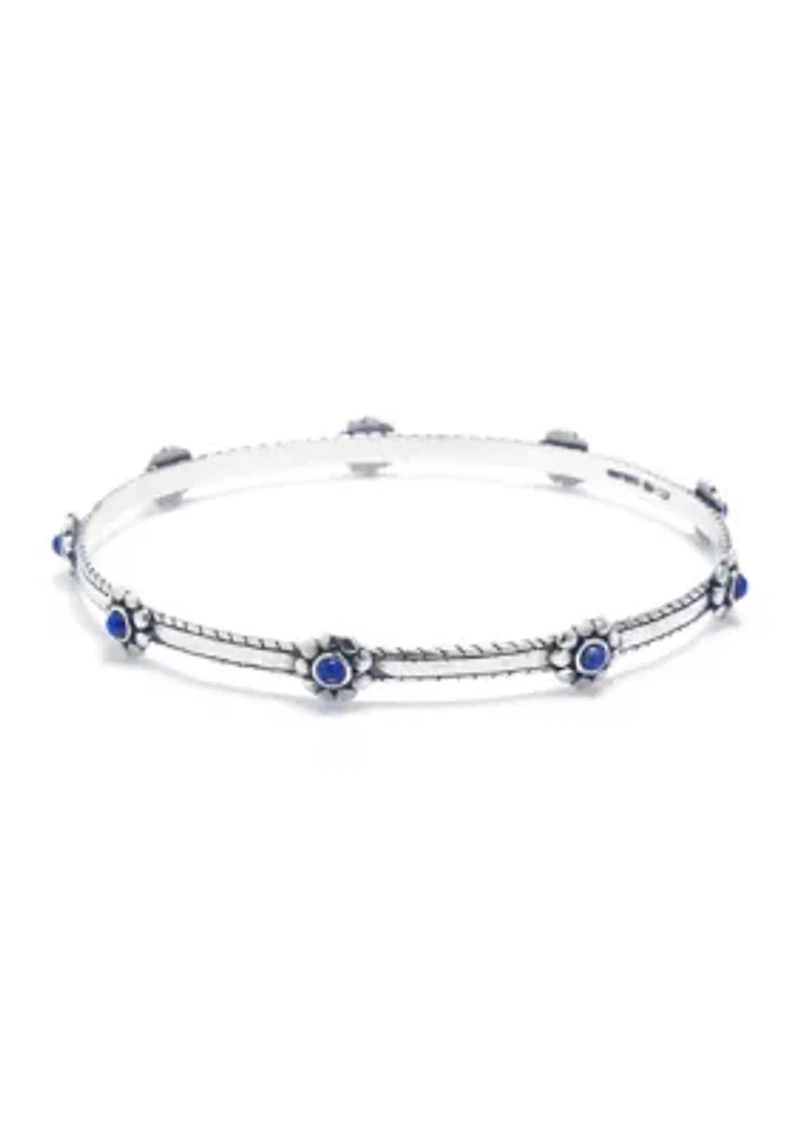 Sterling Silver Lapis Cabochon Flower Hammered Bangle Bracelet