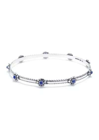 Sterling Silver Lapis Cabochon Flower Hammered Bangle Bracelet