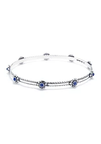 Sterling Silver Lapis Cabochon Flower Hammered Bangle Bracelet